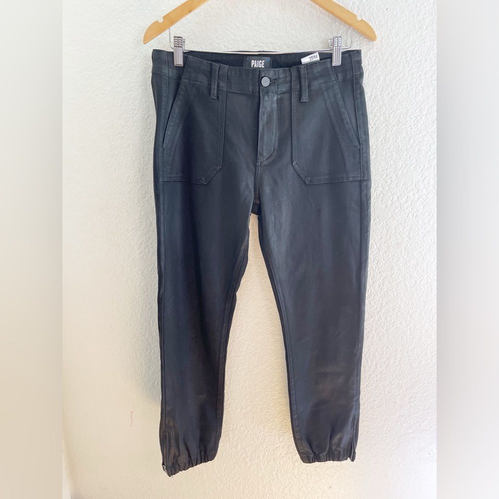 Paige Mayslie Black Fog Lux Joggers in a faux leather coated black  29 - Picture 12 of 13